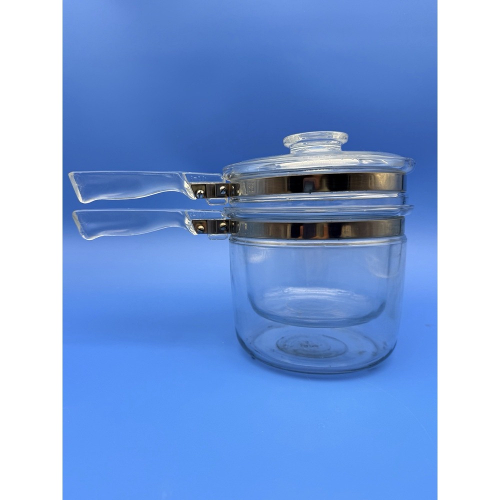 Vintage Pyrex Flameware 6283 Double Boiler 1.5 Qt Glass Lid Handles USA